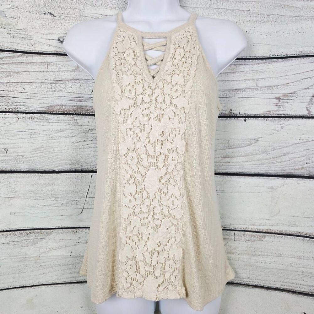 Women's Cream Lace-Front Halter Tank Top